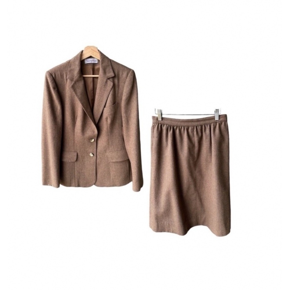 Evan Picone Suit Set Blazer Skirt Tan Herringbone Business Vintage Size 16